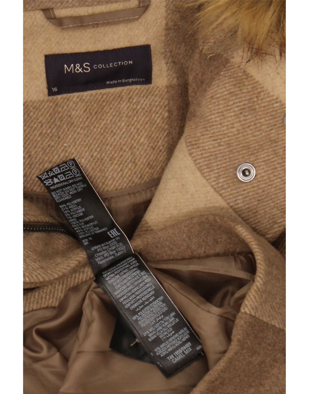 MARKS & SPENCER Γυναικείο παλτό Duffle με κουκούλα UK 16 Large Brown Check