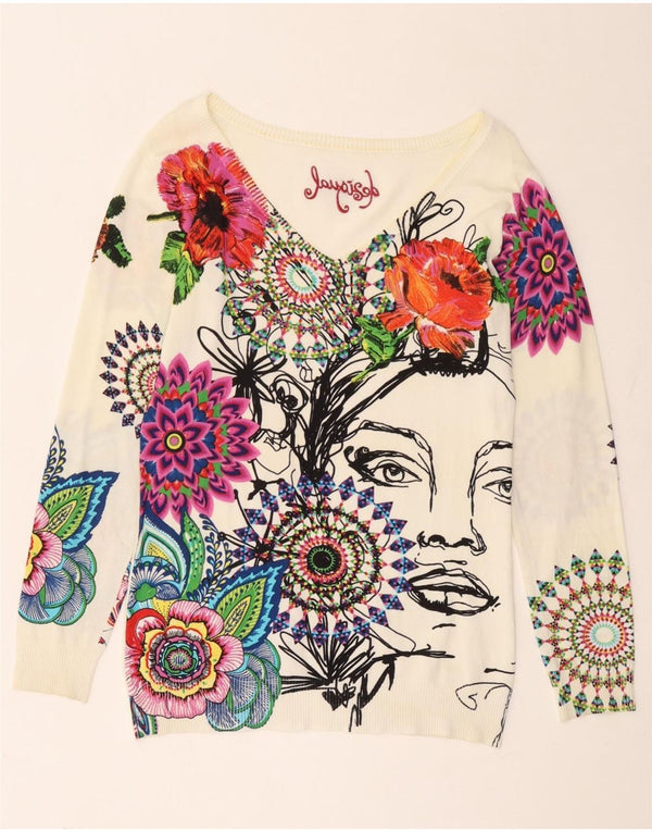 Desigual Γυναικείο πουλόβερ με γραφικό V λαιμόκοψη UK 14 Large White Floral