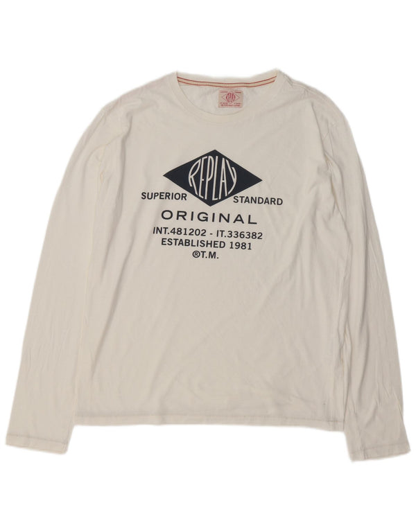 REPLAY Mens Graphic Top Long Sleeve Large White Cotton