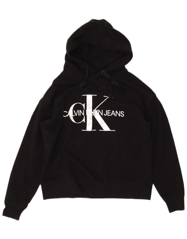 CALVIN KLEIN JEANS Γυναικείο γραφικό μπλούζα με κουκούλα UK 14 μεσαίο μαύρο βαμβακερό