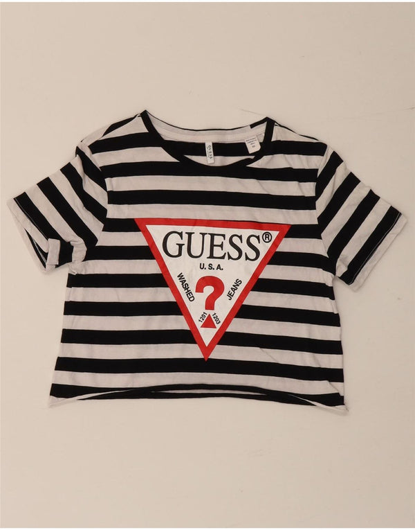 Guess Womens Crop Graphic T-Shirt Top UK 6 XS Μαύρο ριγέ