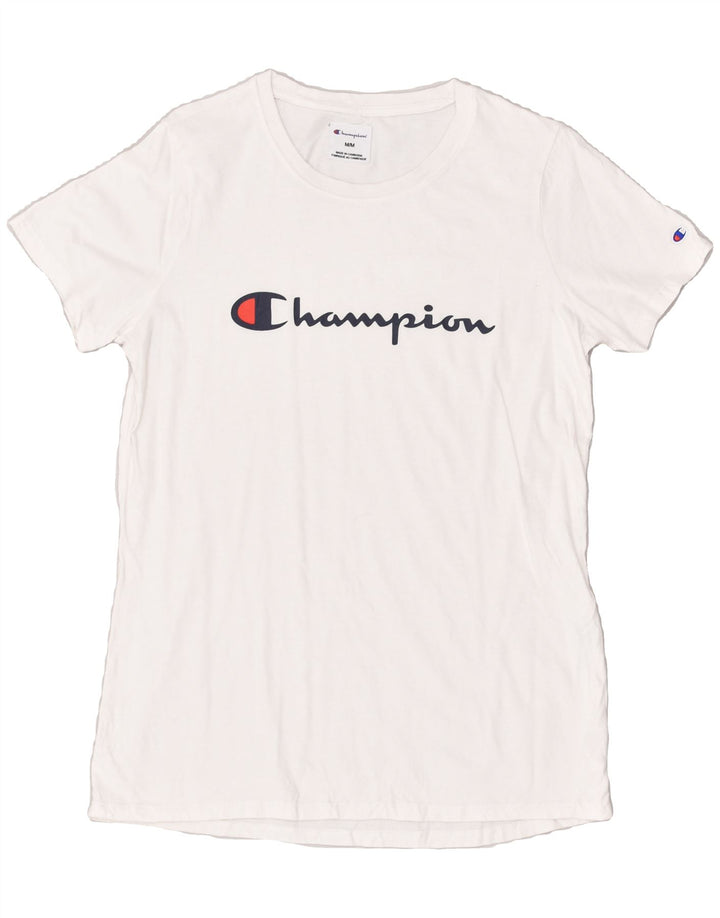 CHAMPION Womens Graphic T-Shirt Top UK 12 Medium White Cotton | Vintage Champion | Thrift | Second-Hand Champion | Used Clothing | Messina Hembry 