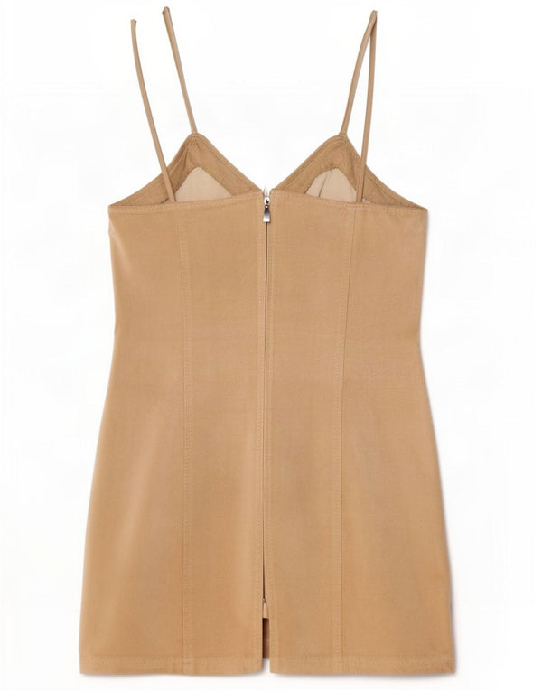 Vintage γυναικείο αμάνικο σουέντ φόρεμα UK 8 Small Beige Leather