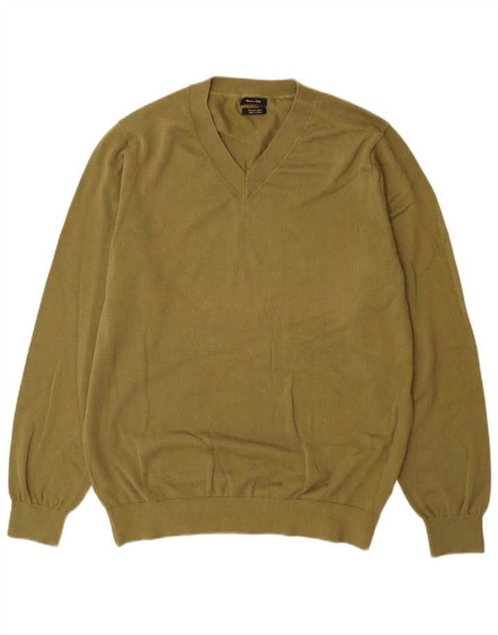 Massimo Dutti Ανδρικό πουλόβερ με λαιμόκοψη V-λαιμόκοψη μεγάλο βαμβακερό χακί
