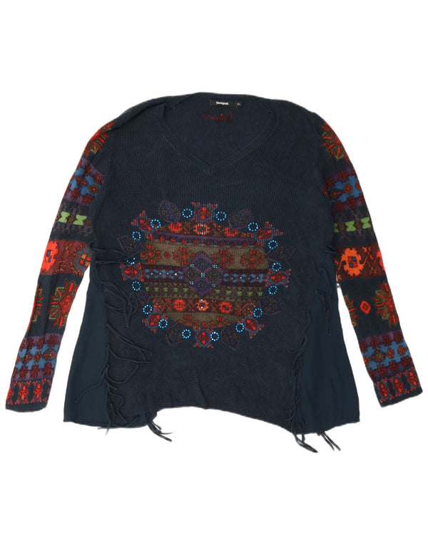 Desigual Γυναικείο πουλόβερ με γραφικό V-λαιμόκοψη UK 18 XL Navy Blue Floral