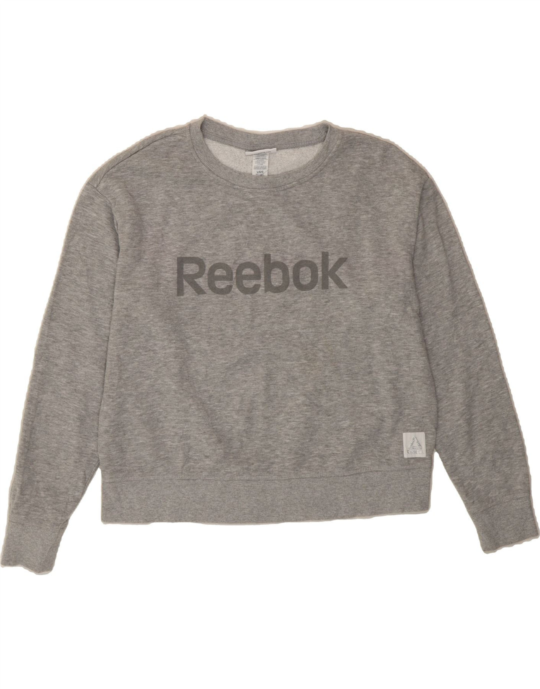 REEBOK Womens Graphic Sweatshirt Jumper UK 16 Large Grey Cotton Vintage Reebok and Second-Hand Reebok from Messina Hembry 