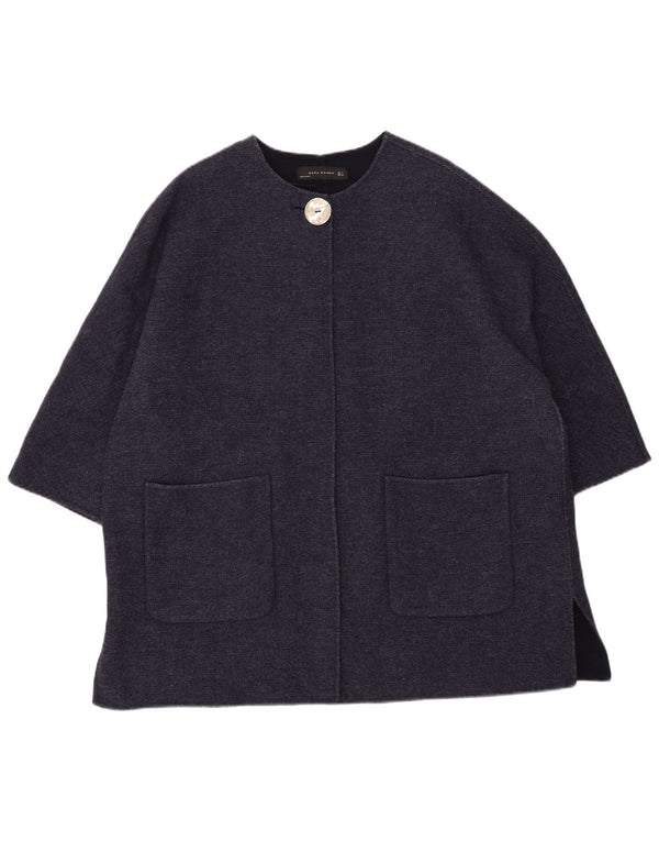 Zara Γυναικείο μανίκι 3/4 Oversized παλτό UK 16 Large Navy Blue Wool