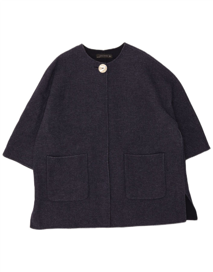 Zara Γυναικείο μανίκι 3/4 Oversized παλτό UK 16 Large Navy Blue Wool