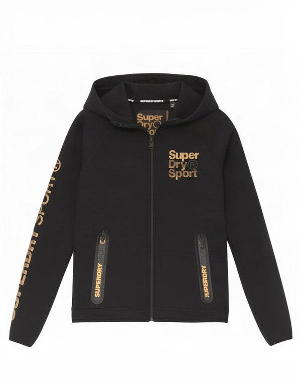 Superdry Γυναικείο πουλόβερ με κουκούλα με φερμουάρ, γραφικό και λεπτή εφαρμογή, UK 8 μικρό μαύρο