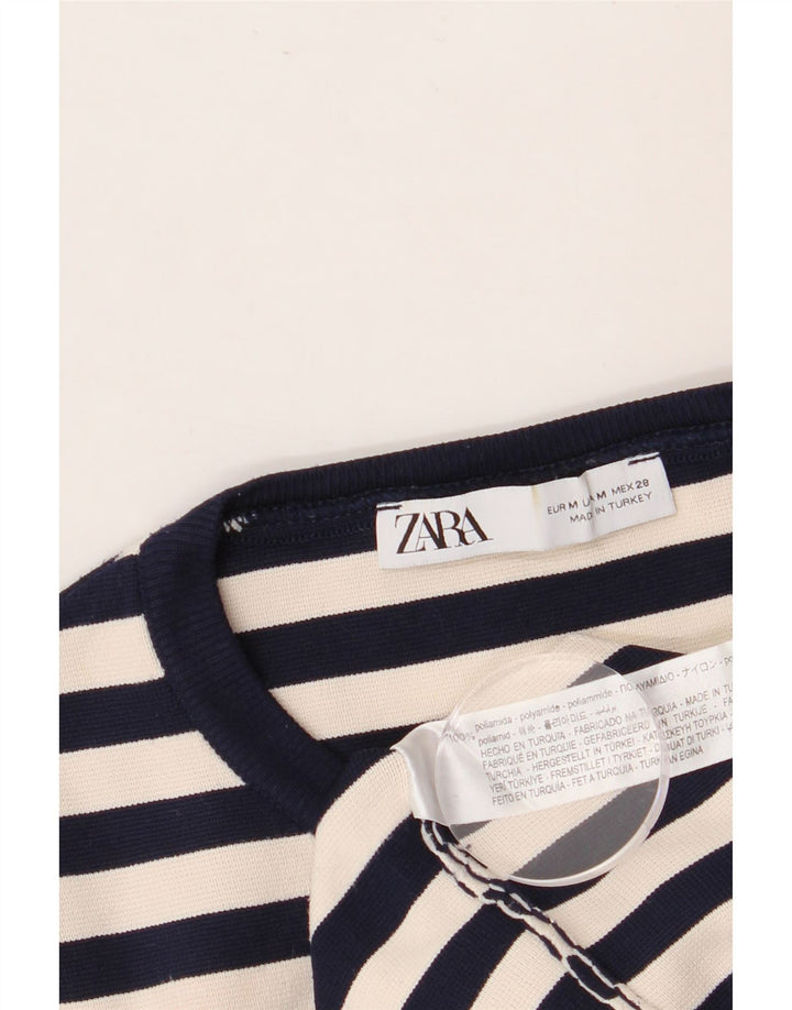 ZARA Γυναικεία Crop Top μακρυμάνικη UK 12 Medium Navy Blue ριγέ πολυαμίδιο