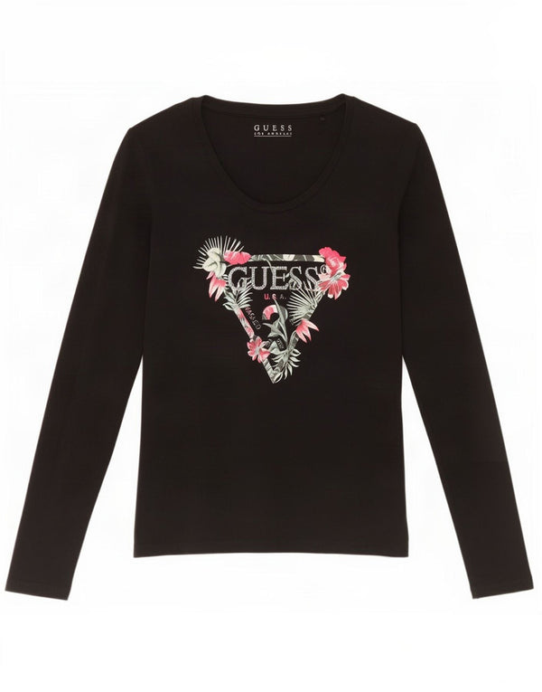 Guess Womens Graphic Top Long Sleeve UK 6 XS Black Cotton