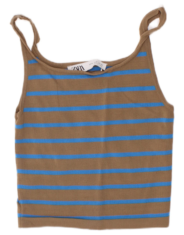 Zara Womens Crop Cami Top UK 8 Μικρή καφέ ριγέ βισκόζη
