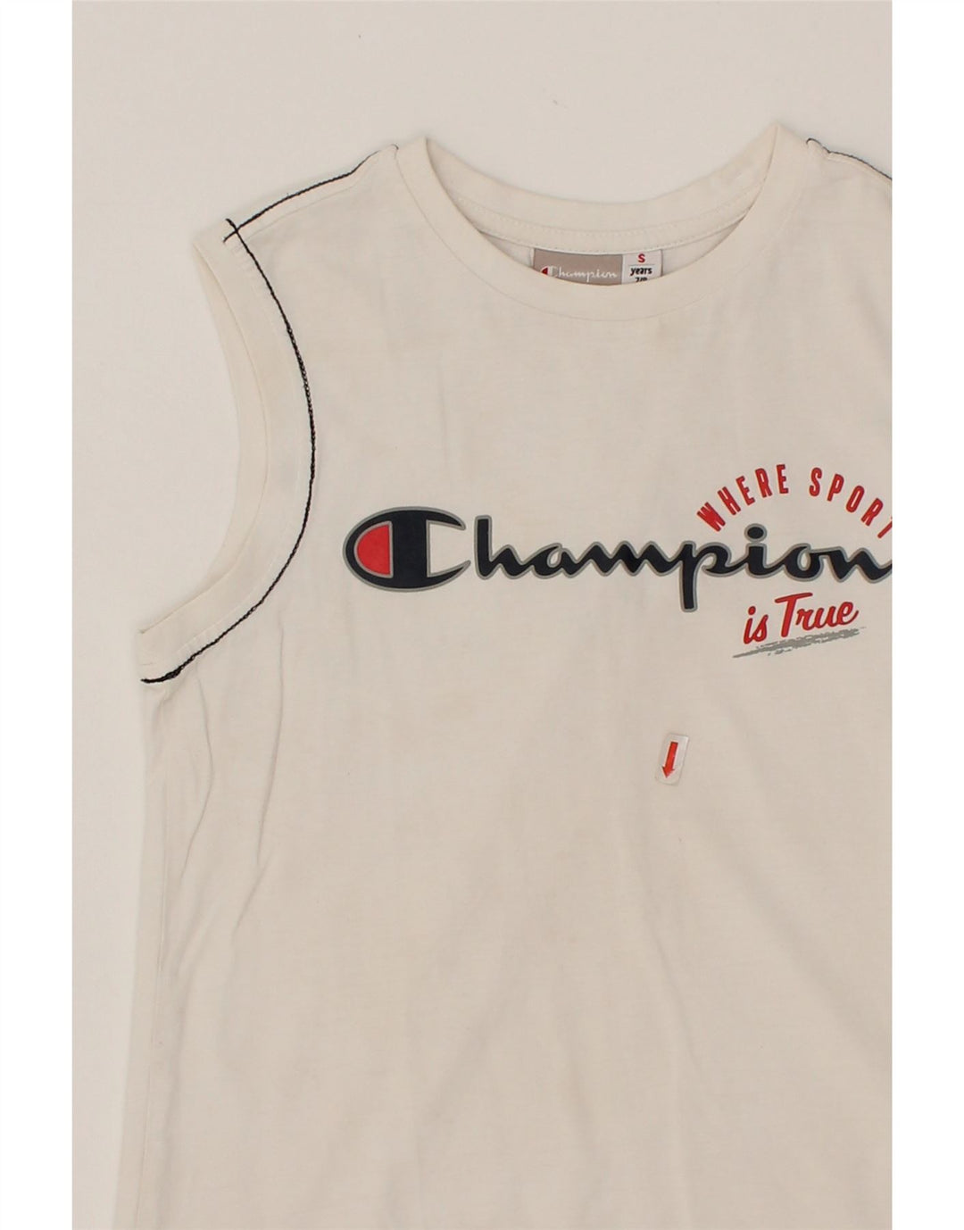 CHAMPION Boys Graphic Vest Top 7-8 Years Small White Vintage Champion and Second-Hand Champion from Messina Hembry 