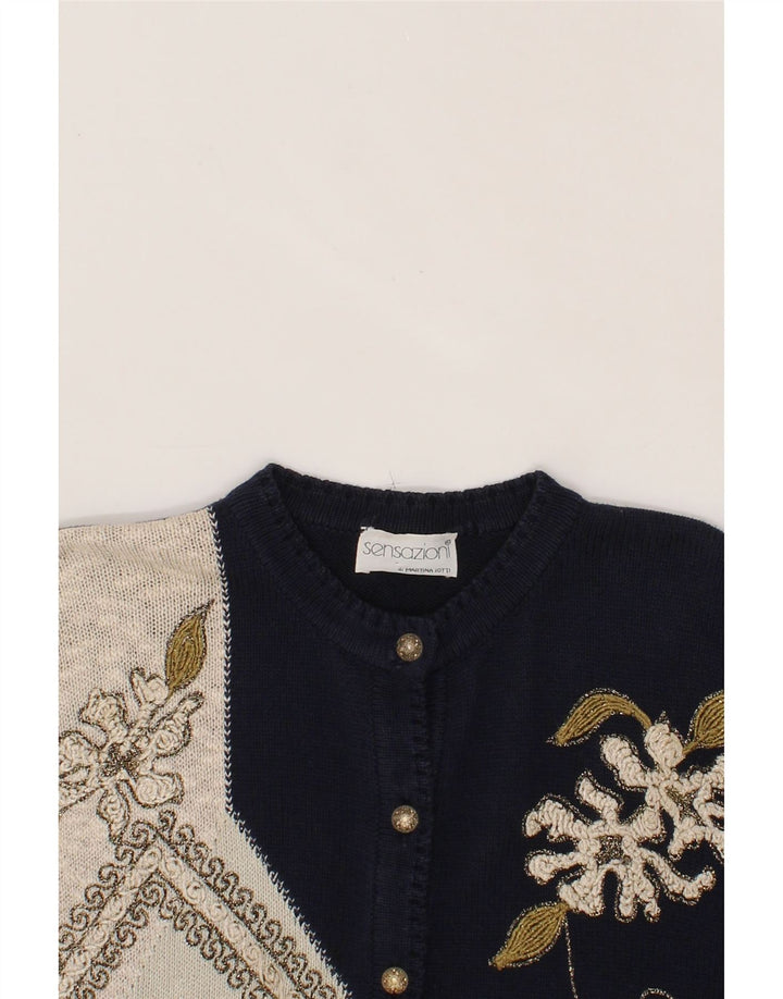VINTAGE Womens Graphic Cardigan Sweater IT 42 Medium Navy Blue Colourblock Vintage Vintage and Second-Hand Vintage from Messina Hembry 