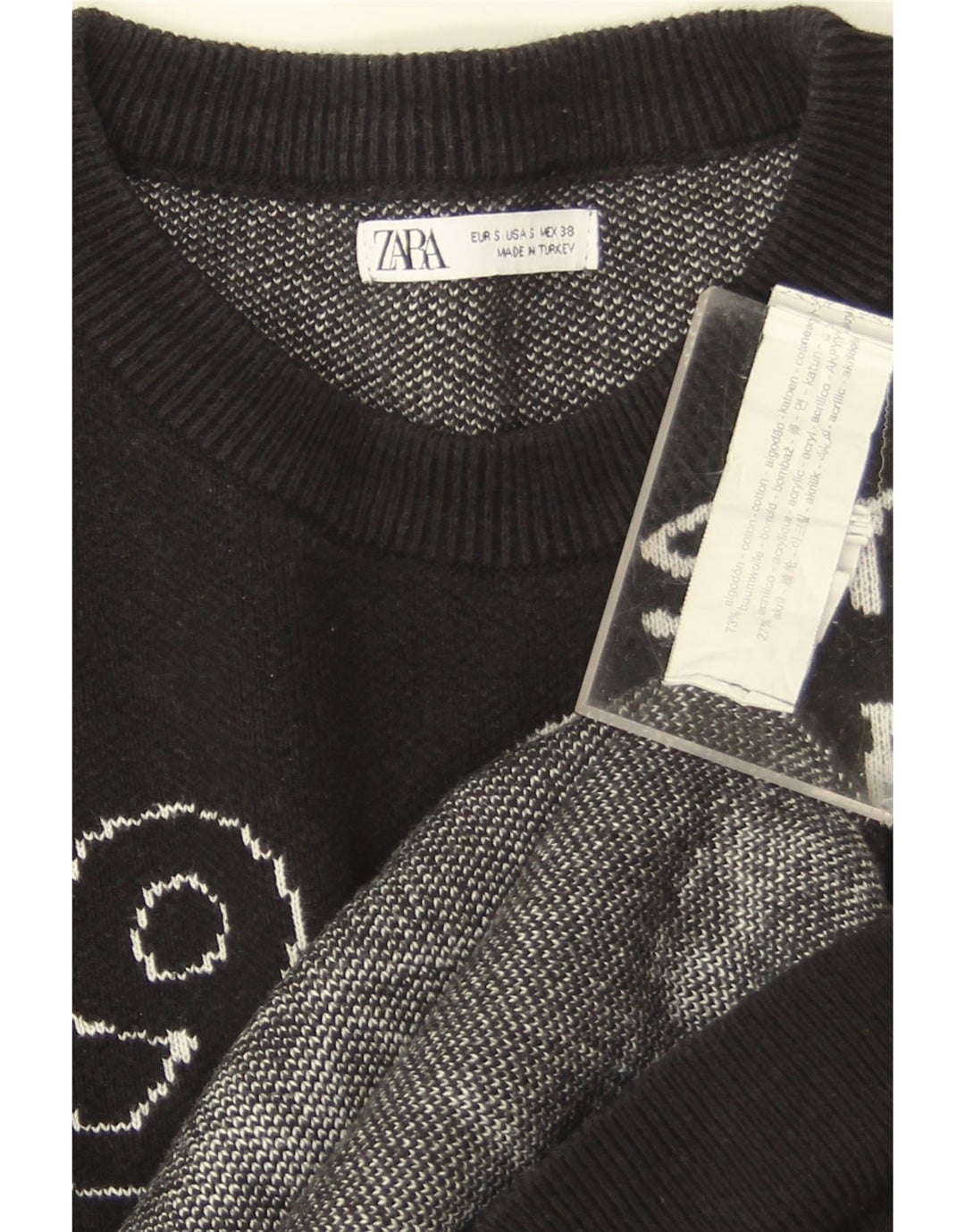 Zara Γυναικεία γραφική μπλούζα μεγάλου μεγέθους Jumper UK 10 Small Black Cotton