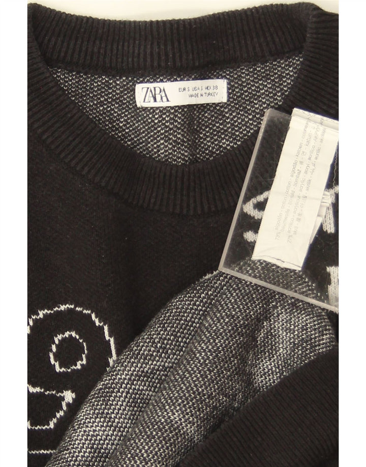 Zara Γυναικεία γραφική μπλούζα μεγάλου μεγέθους Jumper UK 10 Small Black Cotton