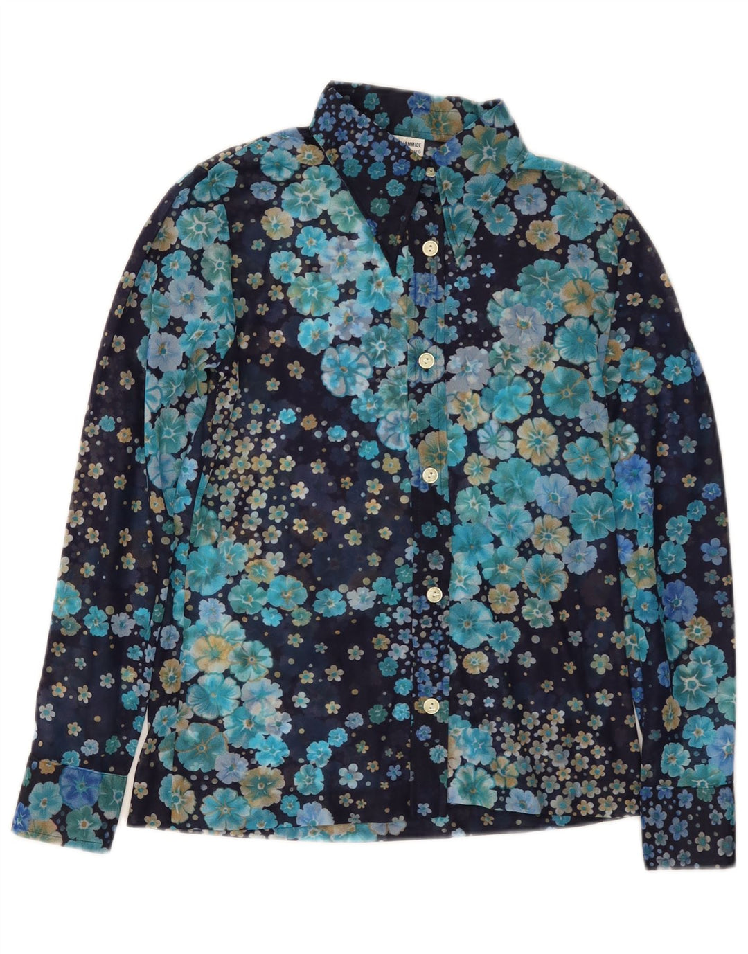 VINTAGE Γυναικείο πουκάμισο Μπλούζα UK 10 Small Navy Blue Floral Polyamide