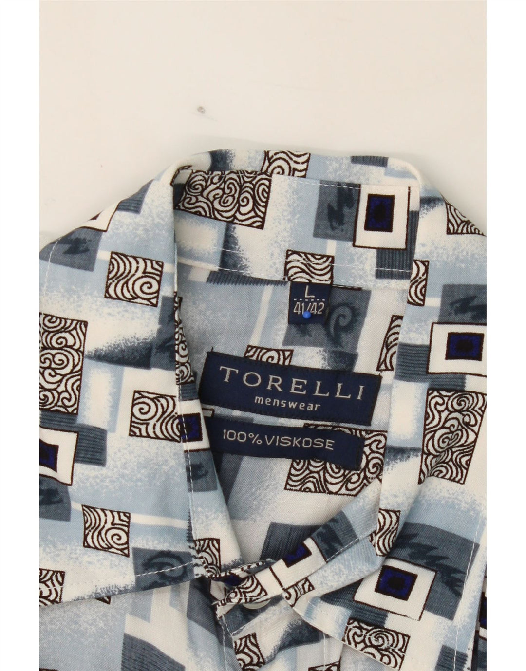 TORELLI Mens Short Sleeve Shirt Size 41/42 Large Blue Geometric Viscose Vintage Torelli and Second-Hand Torelli from Messina Hembry 