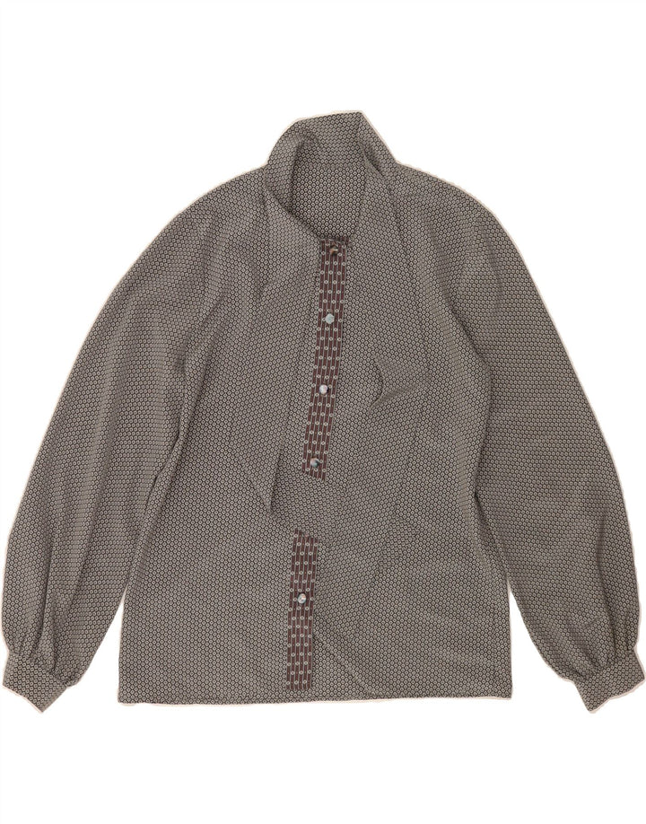 VINTAGE Womens Abstract Pattern Front Tie Shirt Blouse UK 12 Medium Grey Vintage Vintage and Second-Hand Vintage from Messina Hembry 