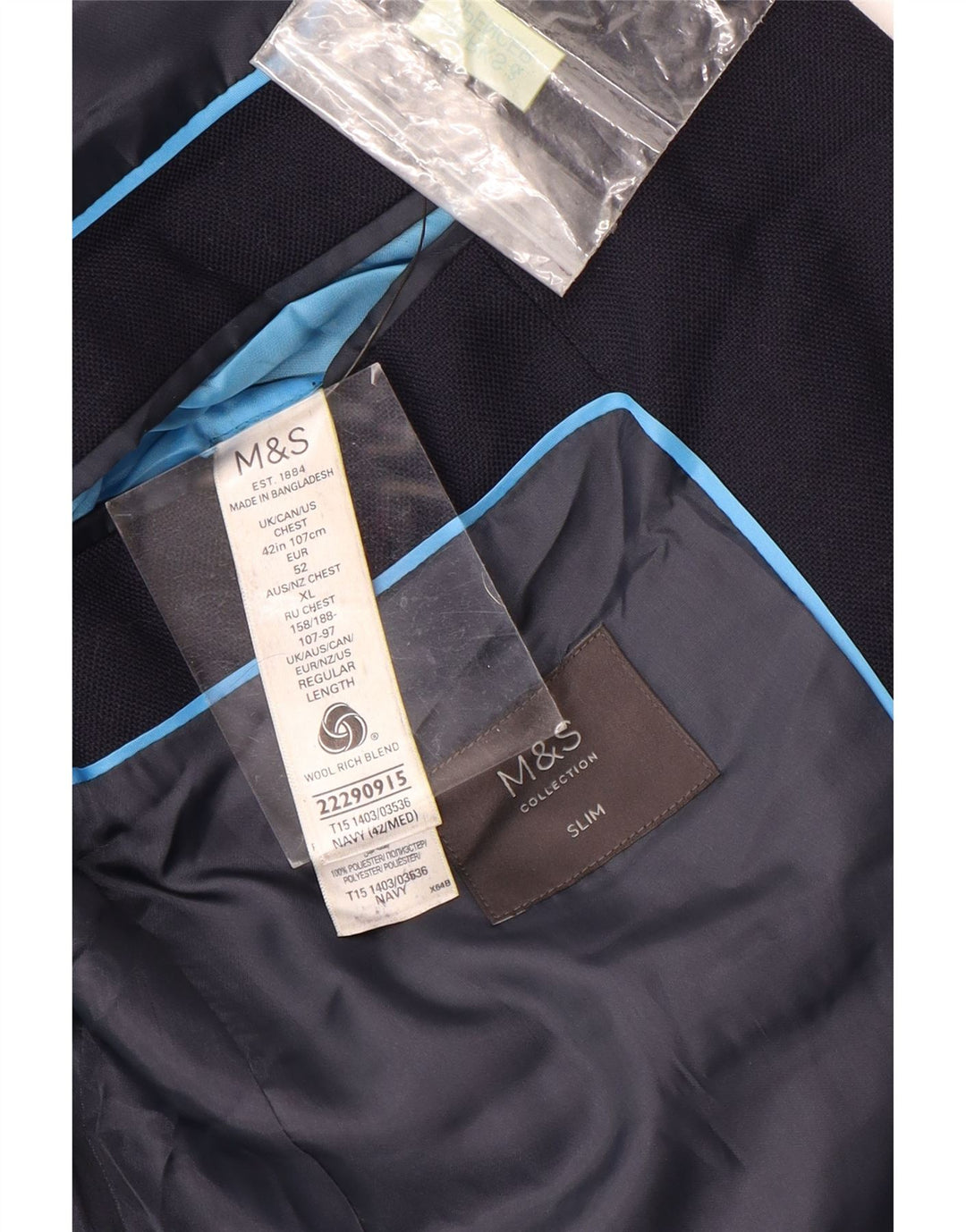 Marks & Spencer Ανδρικό μπουφάν με 2 κουμπιά, λεπτό σακάκι UK 42 XL Navy Blue Wool