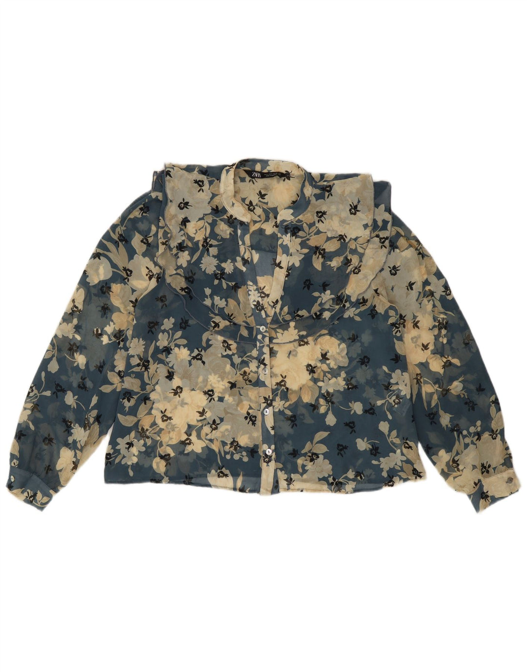 Zara Γυναικεία Μπλούζα See Through UK 10 Small Blue Floral Polyester