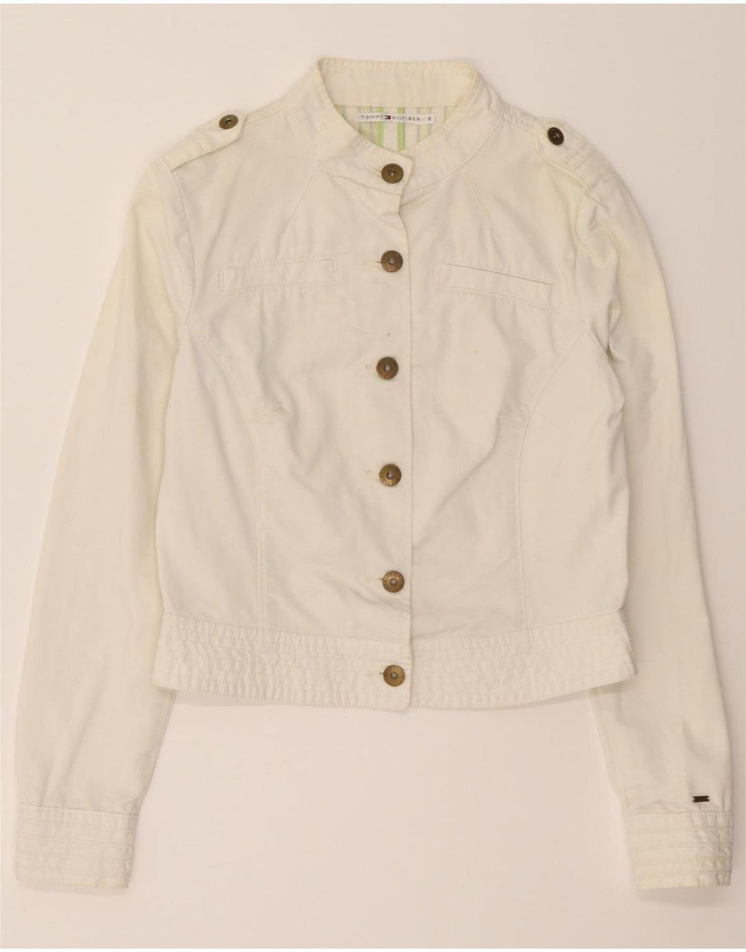 TOMMY HILFIGER Womens Crop Military Jacket US 8 Medium White Cotton Vintage Tommy Hilfiger and Second-Hand Tommy Hilfiger from Messina Hembry 