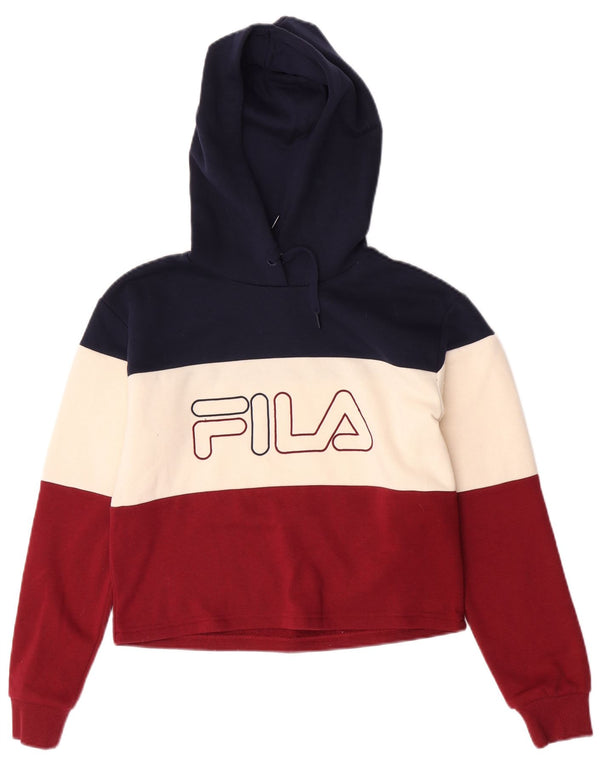 Πολύχρωμο μπλοκ χρώματος Fila Womens Crop Graphic Hoodie Jumper UK 6 XS