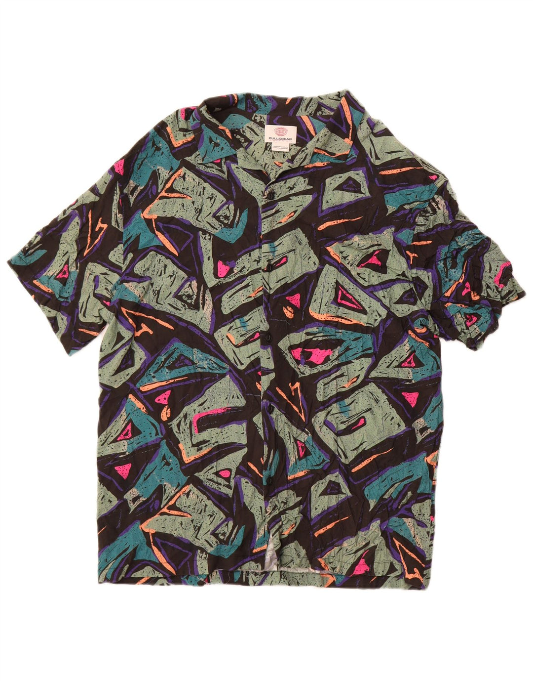Ανδρικό κοντομάνικο πουκάμισο Pull & Bear XL Πολύχρωμο γεωμετρικό βισκόζη