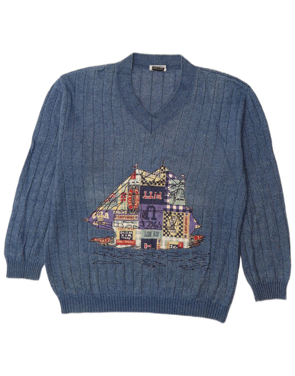 Vintage ανδρικό γραφικό πουλόβερ με λαιμόκοψη με λαιμόκοψη XL μπλε βαμβακερά κόμικς