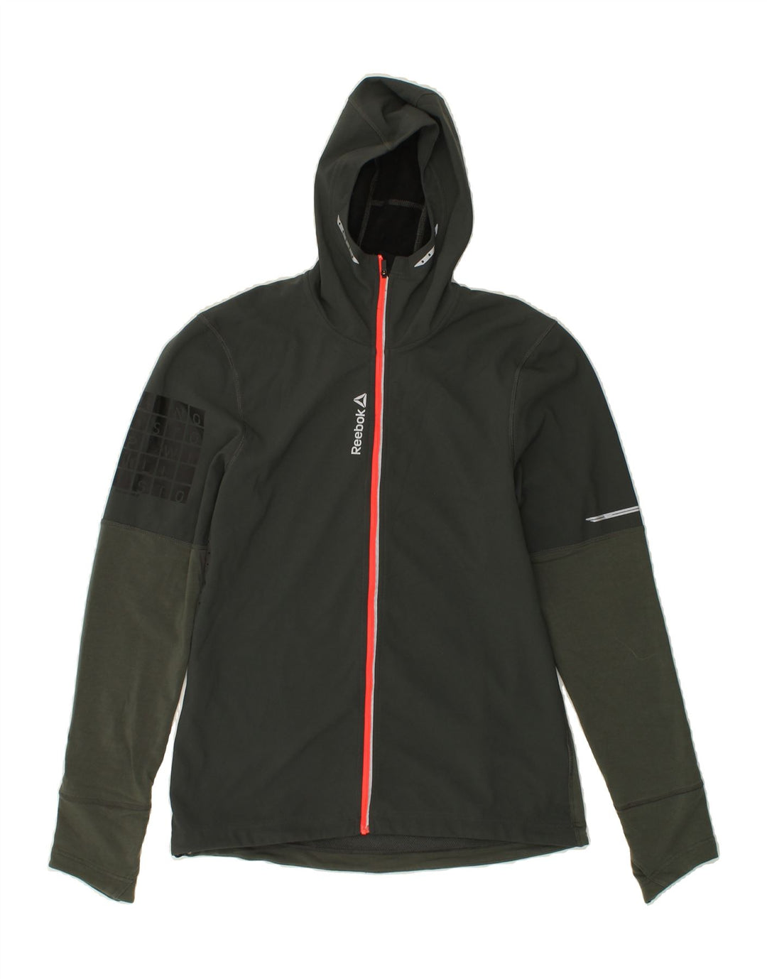 REEBOK Mens Graphic Zip Hoodie Sweater Small Khaki Polyester Vintage Reebok and Second-Hand Reebok from Messina Hembry 
