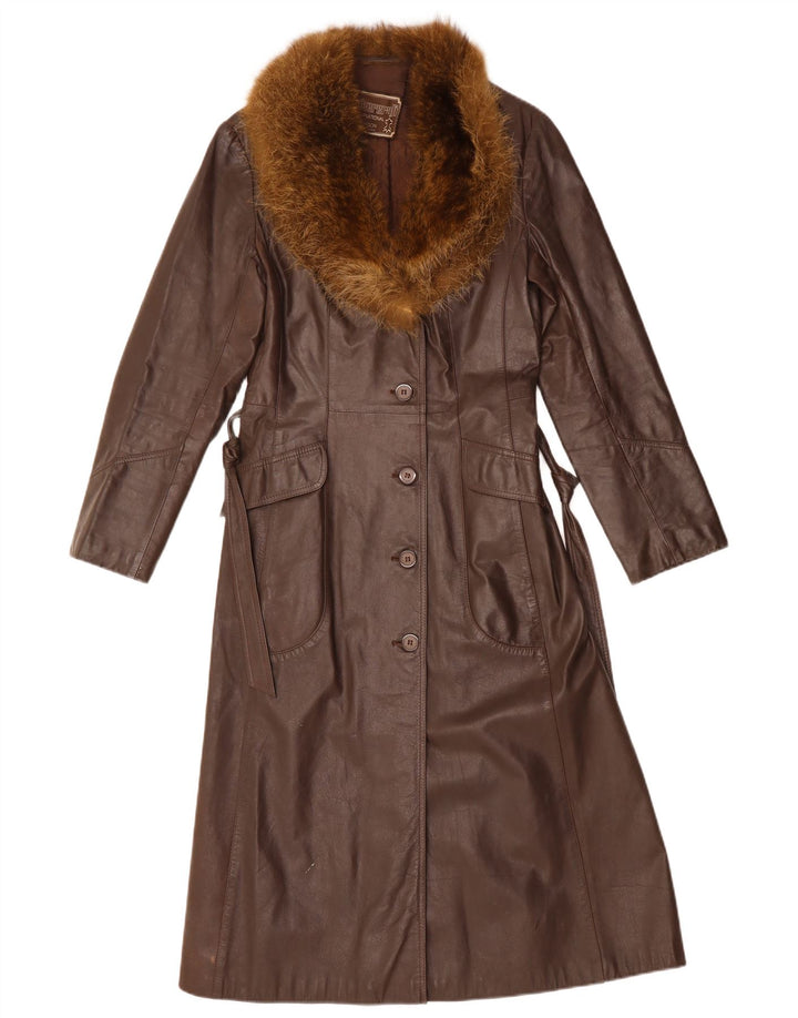 VINTAGE Γυναικείο Δερμάτινο Παλτό UK 12 Δερμάτινο Μεσαίο Καφέ