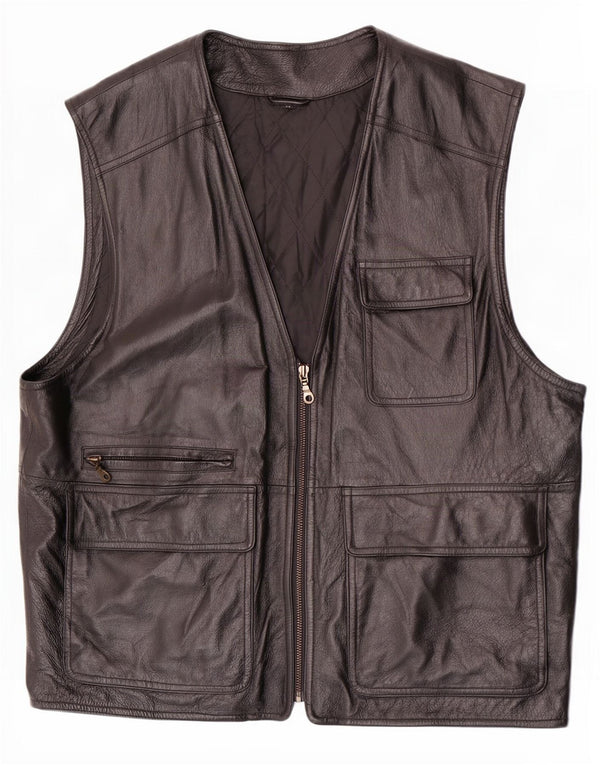Vintage Mens Leather Utility Gilet IT 52 XL Μαύρο