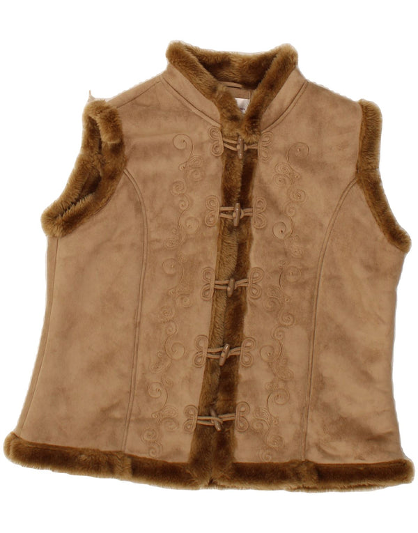 VINTAGE Girls Sherpa Gilet 14-15 Years Medium Brown Colourblock Polyester