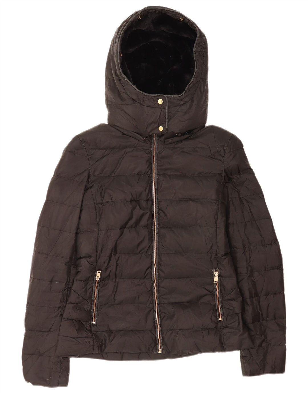 Zara γυναικείο μπουφάν με κουκούλα Sherpa UK 10 Small Black Polyester