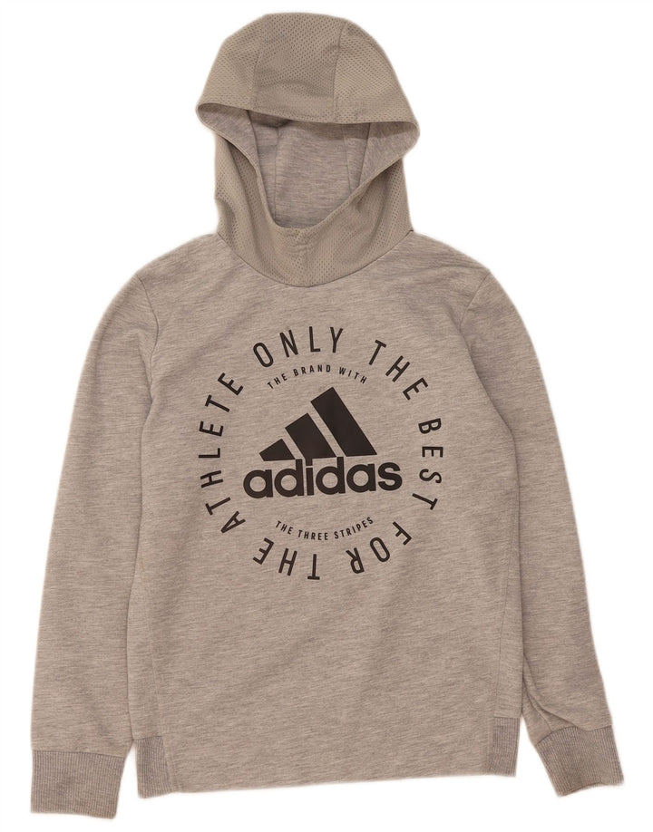 ADIDAS Boys Graphic Hoodie Jumper 13-14 Years Grey Polyester