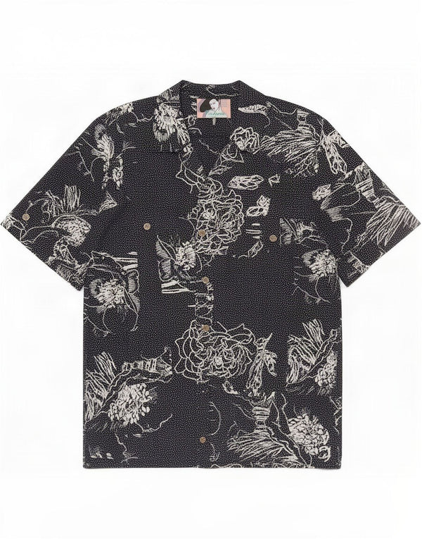 Vintage γυναικείο κοντομάνικο πουκάμισο UK 16 Large Navy Blue Floral