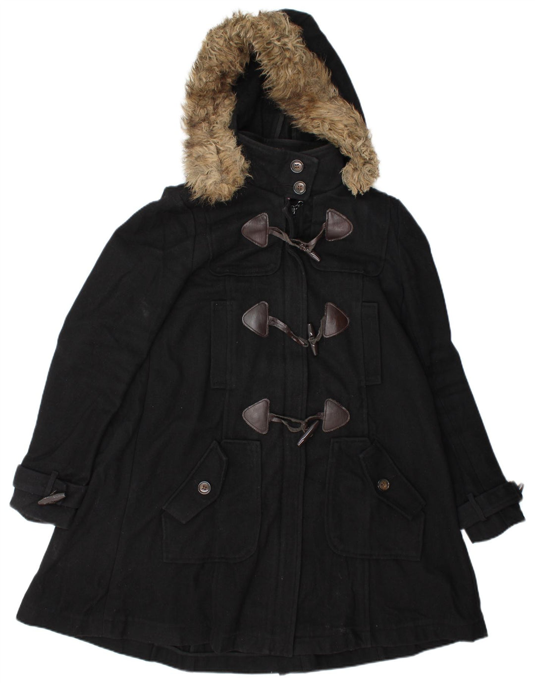 Vintage γυναικείο παλτό Duffle με κουκούλα UK 10 Small Black Wool