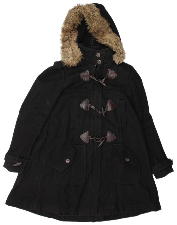 Vintage γυναικείο παλτό Duffle με κουκούλα UK 10 Small Black Wool