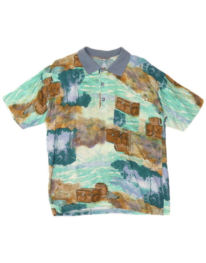 Vintage ανδρικό πουκάμισο πόλο με αφηρημένο σχέδιο μεσαίο μπλε