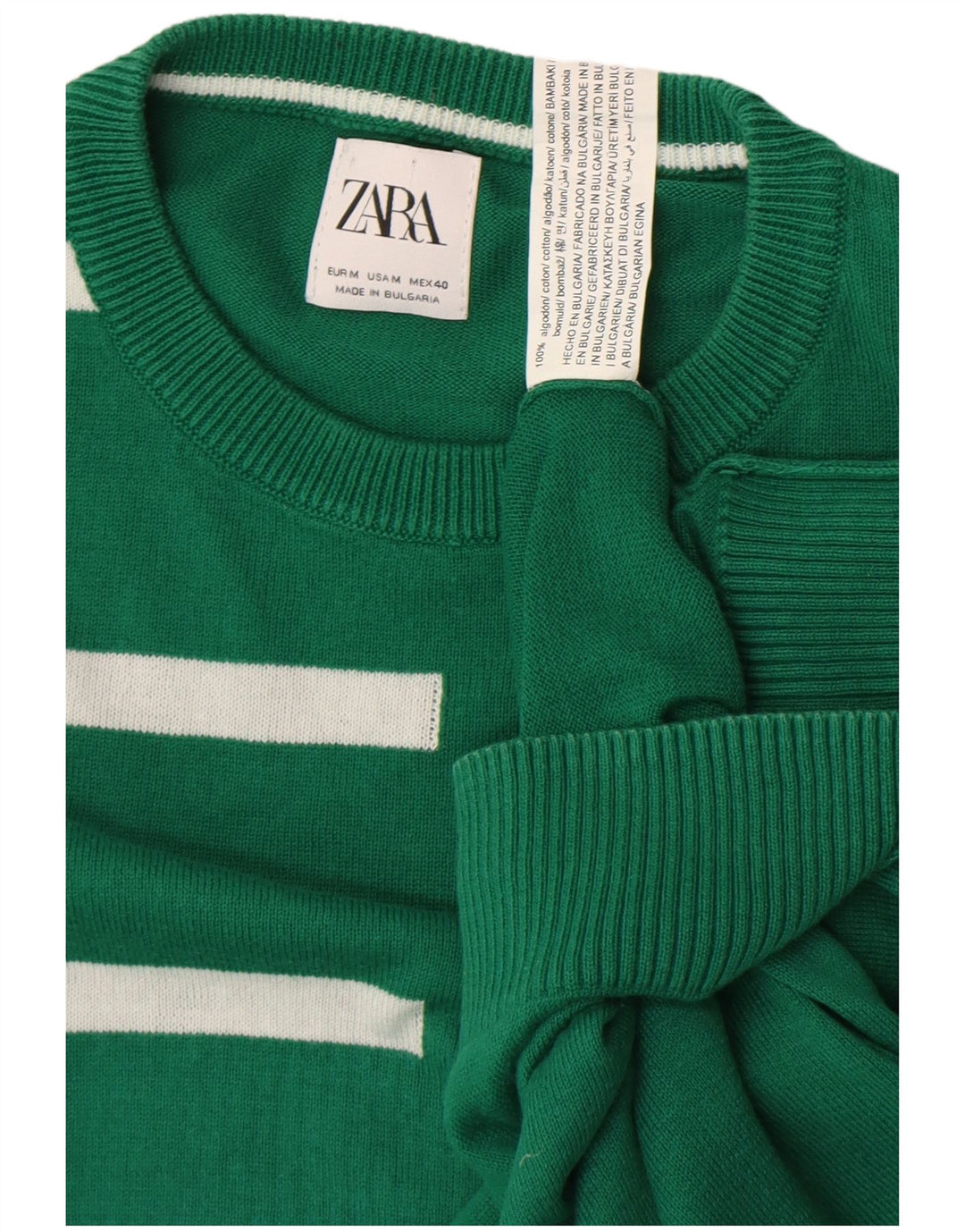 Zara Ανδρικό πουλόβερ με λαιμόκοψη με μεσαίο πράσινο ριγέ βαμβακερό