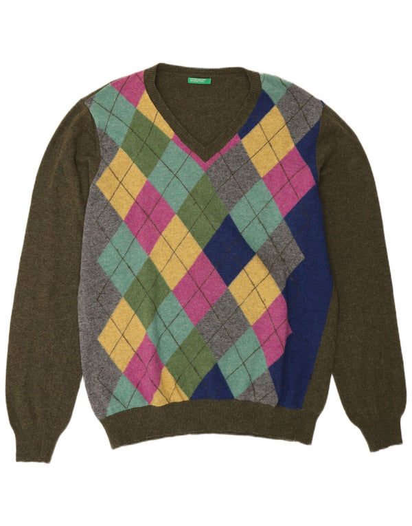 Benetton γυναικείο πουλόβερ με λαιμόκοψη UK 18 XL Khaki Argyle/Diamond Wool