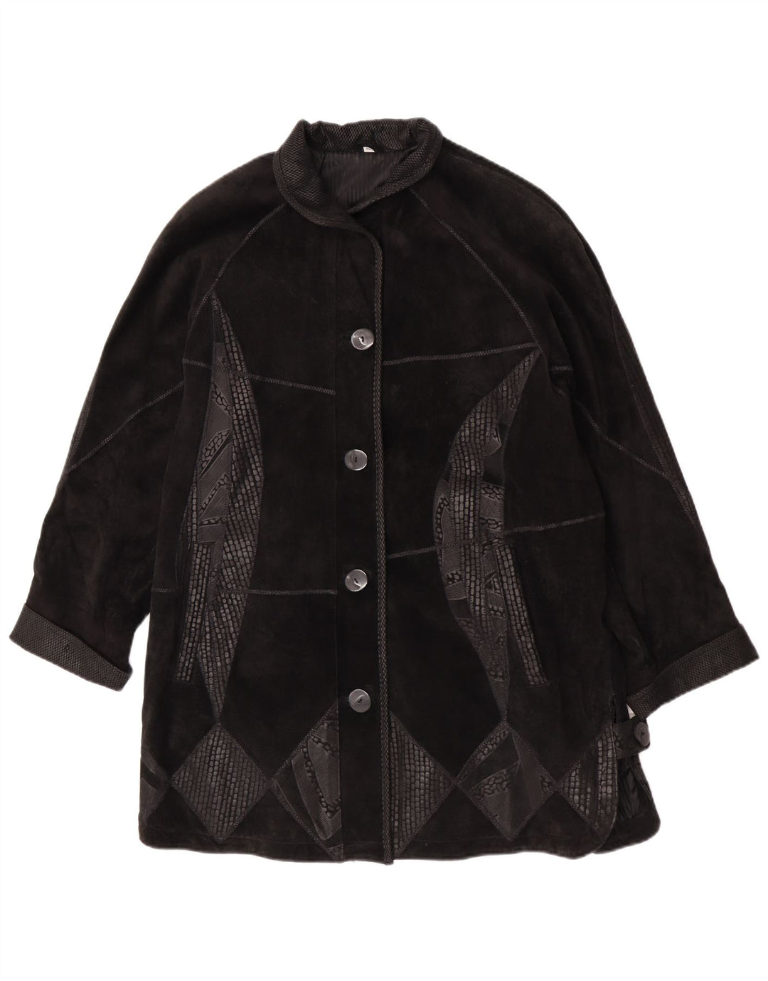 Vintage Γυναικείο Suede Oversized Πανωφόρι EU 42 Μεγάλο μαύρο γεωμετρικό δέρμα
