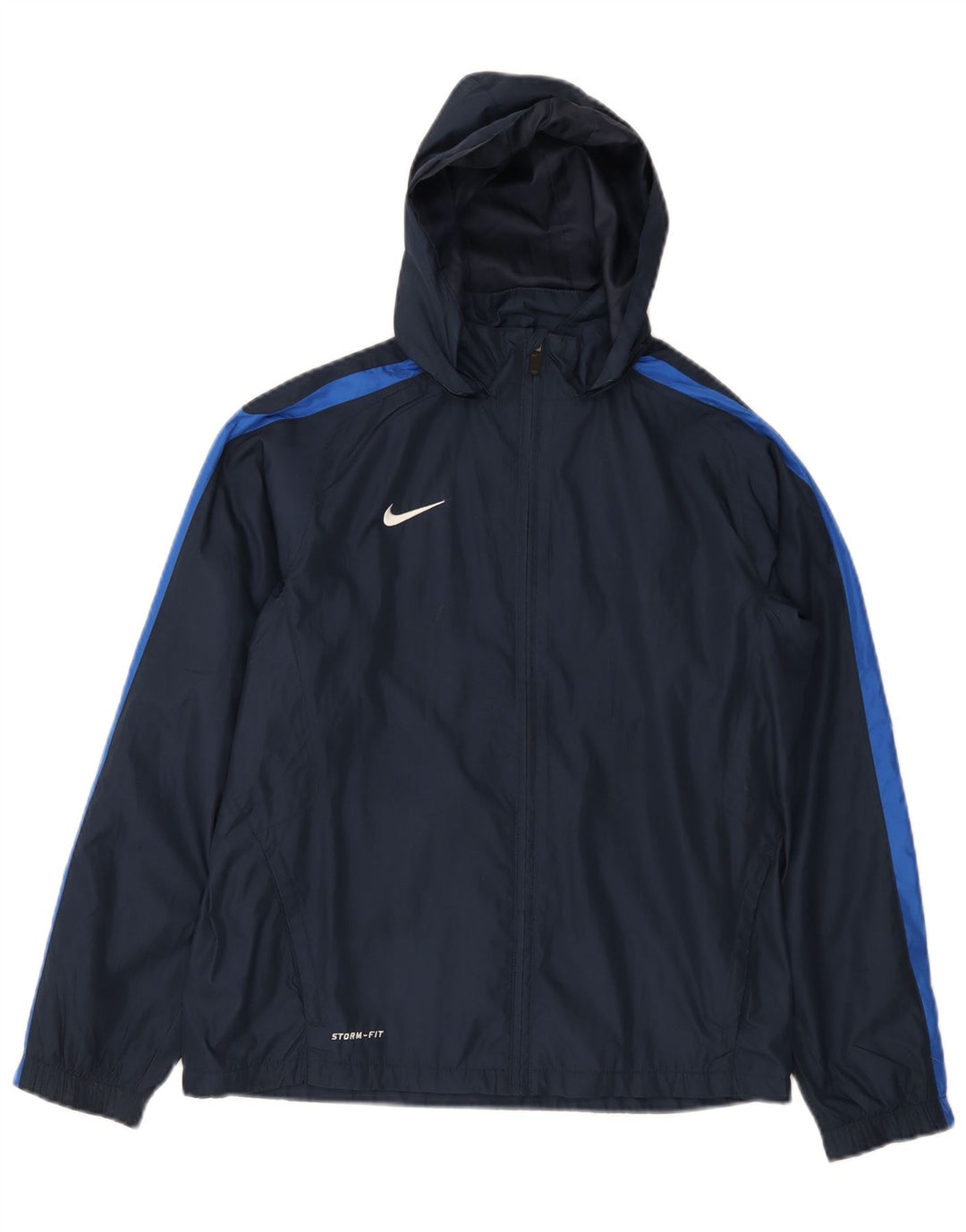 NIKE Girls Storm-Fit Rain Jacket 12-13 Years Large Navy Blue Colorblock