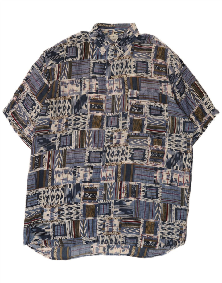 Vintage Ανδρικό κοντομάνικο πουκάμισο IT 48 Medium Blue Patchwork Silk