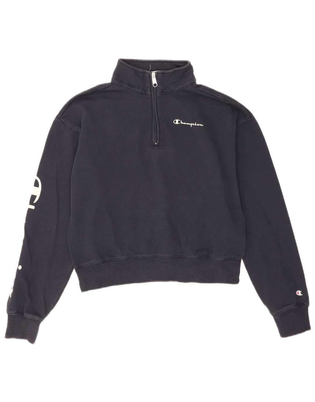 Champion Womens Crop Graphic Φούτερ Jumper UK 14 Medium Navy Blue