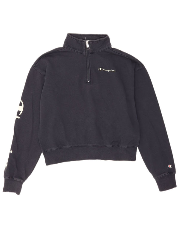 Champion Womens Crop Graphic Sweatshirt Jumper UK 14 Medium Navy Blue
