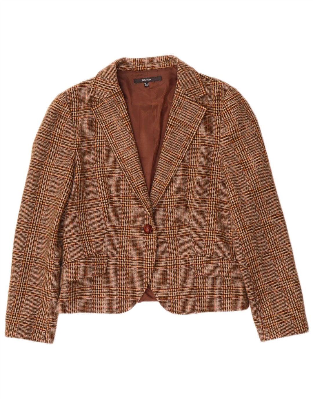 ZARA Womens Crop 1 Button Blazer Jacket UK 14 Large Brown Houndstooth