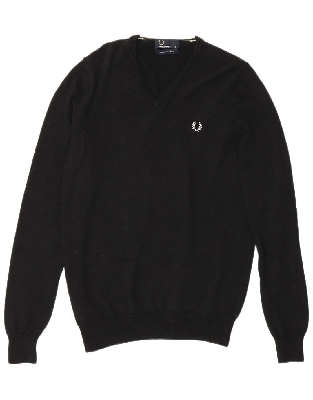 Fred Perry Ανδρικό πουλόβερ με λαιμόκοψη με V λαιμόκοψη, μεσαίο μαύρο μαλλί Merino
