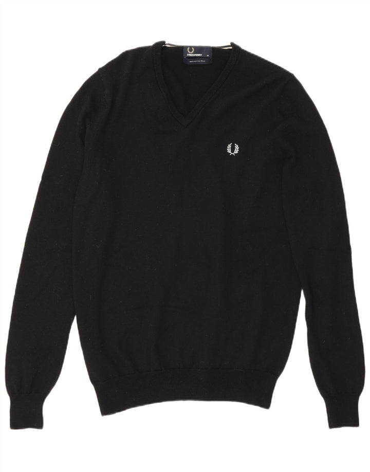 Fred Perry Ανδρικό πουλόβερ με λαιμόκοψη με V λαιμόκοψη, μεσαίο μαύρο μαλλί Merino