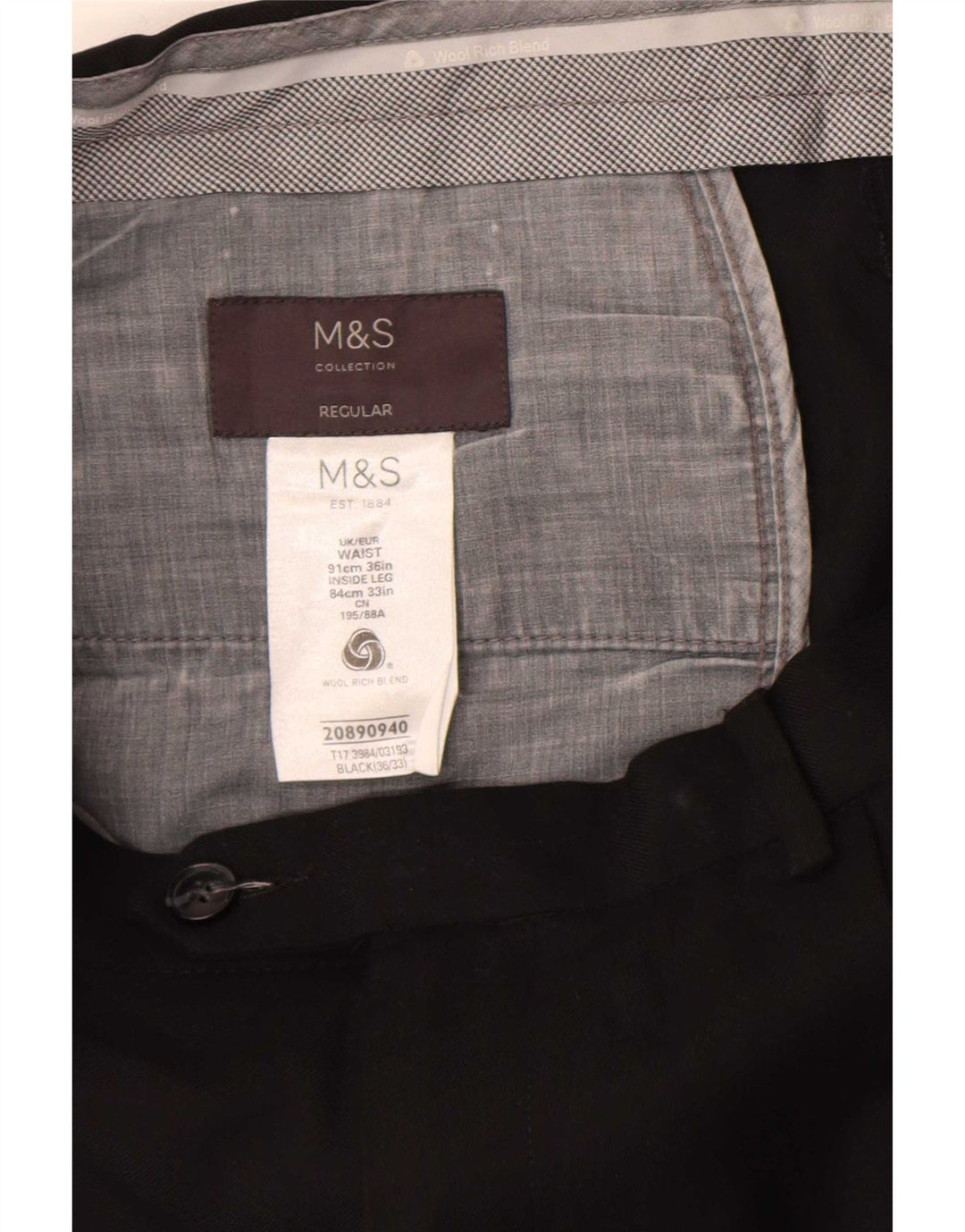 Marks & Spencer Ανδρικό παντελόνι με κανονική εφαρμογή W36 L33 Μαύρο μάλλινο